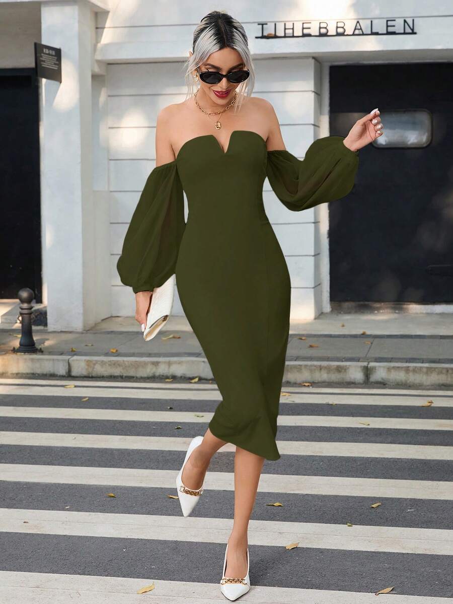 SHEIN Privé Women's Solid Color Off-Shoulder Lantern Sleeve Dress - Green - View 1