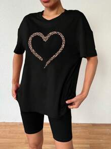 BamGleam Loose Oversized Simple Drop Shoulder T-Shirt Graphic Cheetah Print Tees Women Tops - Black - View 4