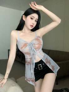 DAZY Knotted Mặt trước Cami ngọn - Màu xanh lam - Xem 8