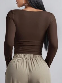 SHEIN PETITE 女款純色側褶短版T恤，適合嬌小女性 - 棕色 - 查看 2