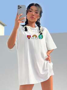 SHEIN Qutie Của phụ nữ Hoạt hình Tim In Áo thun - trắng - Xem 5