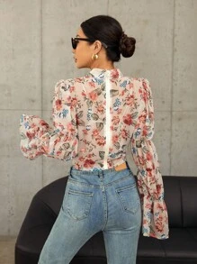 GENKIRA Women'S Floral Print Stand Collar Bell Sleeve Cropped Shirt Fall Cloth For Women - Multicolor - View 2
