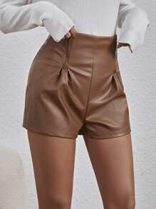 SHEIN PETITE Women'S Pleated Pu Leather Shorts - Brown - View 5