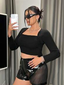 SHEIN ICON Slim Fit Cropped Plus Size Women'S Sweater With Swan Collar - Black - View 3
