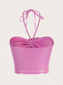 SHEIN ICON 金屬質感的雙肩項式上衣,帶有3d花朵和扭結細節 - 粉色 - 查看 3