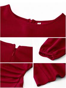 Lantern Sleeve Ruched Ruffle Hem Dress - Burgonya - Görünüm 3