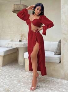 SHEIN SXY 仿古風袖口綁帶前短上衣 - 紅色 - 查看 3