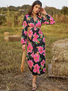 GENKIRA Floral Print Lantern Sleeve Hollow Out Waist Dress Fall Cloth For Women - Multicolor - View 3