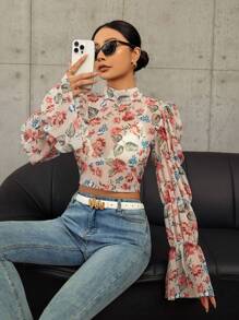 GENKIRA Women'S Floral Print Stand Collar Bell Sleeve Cropped Shirt Fall Cloth For Women - Multicolor - View 4