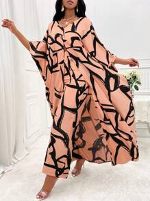 SHEIN Clasi Women's Printed Batwing Sleeve Split Hem Top And Wide Leg Pants Set - Pink - View 5