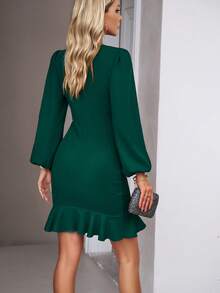 優雅褶邊 交叉 荷葉邊純色女士連衣裙 - 墨綠色 - 查看 2