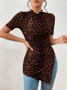 SHEIN Essnce Leopard Top Casual & Commute Leopard Print Knitted High Elasticity Split Hem Half-Length T-Shirt For Summer