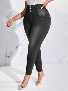 SHEIN SXY 女性加大碼高腰細腿牛仔褲 - 黑色 - 查看 3
