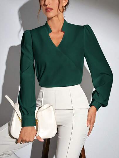 SHEIN Tall Notched Collar Lantern Sleeves Blouse