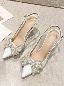 女士白色綁帶高跟鞋,最新夏季系列,獨特設計帶蝴蝶結,珍珠細節及尖頭設計,露趾開後跟涼鞋 - 白色 - 查看 5