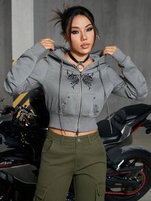 ROMWE PUNK 女用蝴蝶印花正面拉鍊連帽運動衫 - 淺灰色 - 查看 5