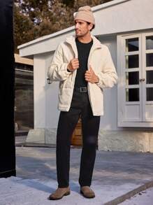 Manfinity Homme 男士宽松灯芯绒拉链夹棉大衣 - 杏色 - 查看 3