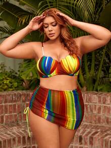 SHEIN Swim Curve 大码拼色条纹比基尼套装 3 件套 狂欢夏日海滩 - 彩色 - 查看 6