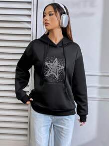 SHEIN Unity Rhinestone Star Pattern Drawstring Hoodie - Black - View 5