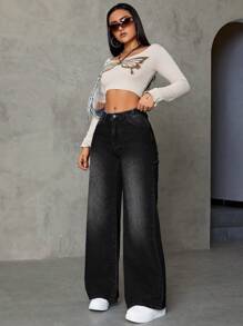 SHEIN ICON Washed Straight Leg Jeans - Black - View 4