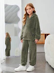 SHEIN Cô gái Dệt kim Màu thuần Sang trọng áo có mũ Lỏng lẻo Áo Và Quần Giải trí Bộ - xanh quân đội - Xem 5