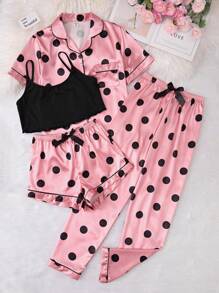 Conjunto De 4 Peças Para Casa Com Bolinhas Rosa Para Meninas Adolescentes, Incluindo Calças Compridas, Camisa De Manga Curta, Shorts E Camisola, Casual E Confortável