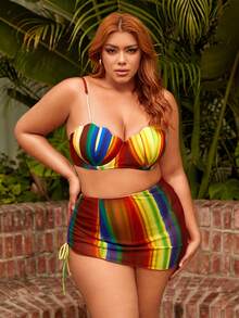 SHEIN Swim Curve 大码拼色条纹比基尼套装 3 件套 狂欢夏日海滩 - 彩色 - 查看 4