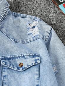 青少年男孩的休閒街頭風格破洞牛仔夾克 - 中等水洗藍 - 查看 5