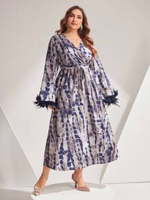 Modelyn Plus Size Tie Dye Furry Cuffs Flared Sleeves Belted Dress - Navy Blue - View 6