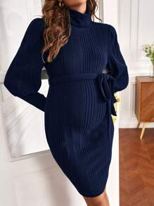 SHEIN 孕婦高領長袖腰帶連衣裙 - 藍色 - 查看 3