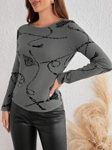 EMERY ROSE Của phụ nữ Vòng cổ Tay áo dài Áo len Với Mẫu - Xám - Xem 5