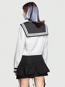 ROMWE J-Fashion 女式日本風水手領恤衫,附有印花口袋,可愛風格 - 灰色 - 查看 6