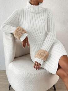 Chiquease 女士純色高領拼接毛衣連衣裙 - 白色 - 查看 5