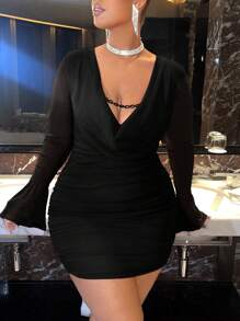 SHEIN SXY Plus Draped Collar Flare Sleeve Ruched Mesh Bodycon Dress - Black - View 4