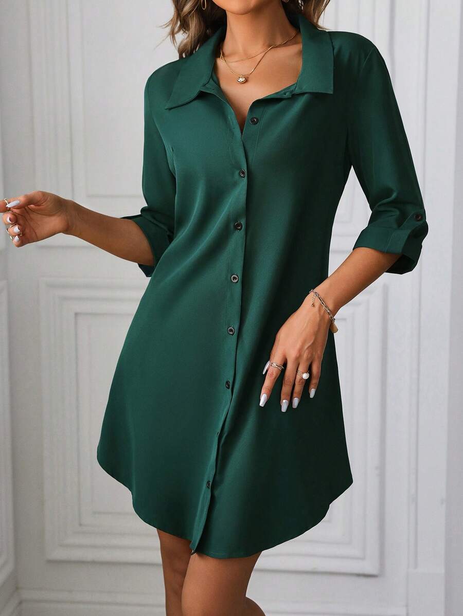SHEIN Clasi 女士下襬領捲袖襯衫連身裙 - 墨綠色 - 查看 1