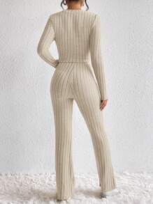 SHEIN Frenchy 扭纹细节长袖 T 恤和长裤两件套，女士春/秋休闲罗纹针织，扭纹长袖常规款式杏色常规袖 T 恤裤女士两件套服装，休闲日常穿着 - 杏色 - 查看 2