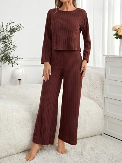 Long Sleeve Ribbed Top Pants Homewear Lounge Set Cozy Outfit, Fall Clothes view 4