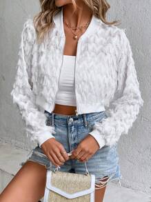 SHEIN Privé 流蘇邊拉鏈開襟短款飛行員夾克 - 白色 - 查看 5