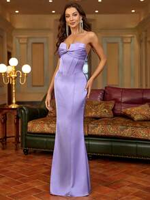 PARTHEA Ruched Twist Split Boning Satin Tube Dress Evening Gown/Formal Dinner Dress - Purple - View 4
