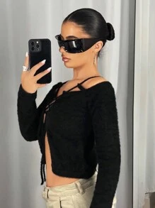 SHEIN ICON Cárdigan De Felpa Con Cordones Para Mujer - Negro - Ver 5