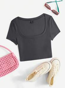 SHEIN EZwear 女士短身長袖肋編針織t恤 - 深灰色 - 查看 1