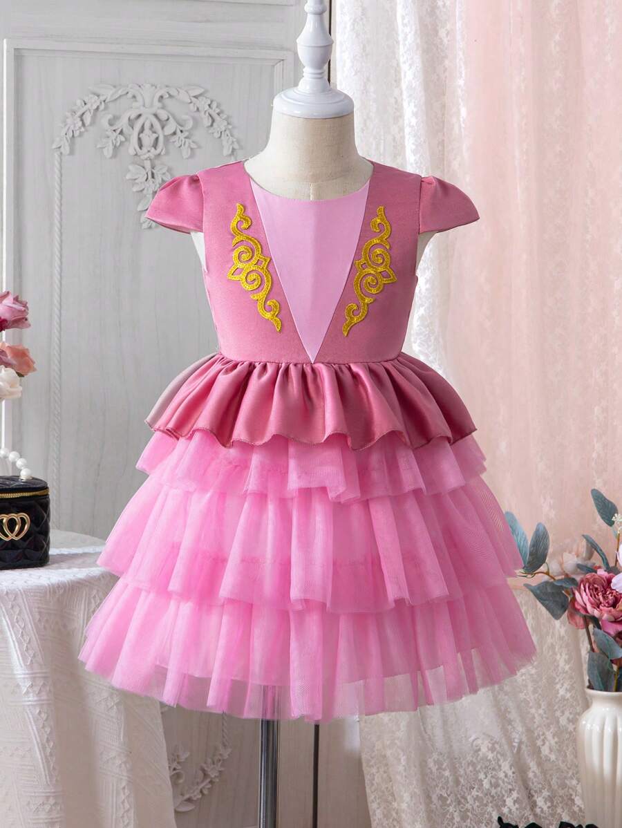 SHEIN Vestido A Capas Con Dobladillo Con Volantes Y Borde Con Volantes Para Niña (niño Pequeño) - Rosado Sandía - Ver 1