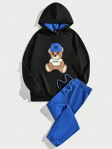 Manfinity RebelGame 男士寬鬆針織休閒連帽衫和長褲套裝,卡通熊印花設計 - 黑色 - 查看 4