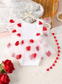 SHEIN Newborn Baby Girls' Red Heart Embroidered Mesh Romper With Headband Photography Set
