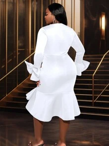 Große Größen Frühling weißes Oster Meerjungfrau-Saum elegantes Langarm Geburtstags- und Hochzeitskleid für Frauen Valentinstag, Hochzeitsgast-Kleid, Partykleid - Weiss - Übersicht 2