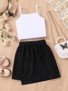 Conjunto De Camiseta Sin Mangas Y Falda Impresa Con Mariposas Para Niñas Pequeñas - Negro - Ver 2