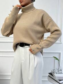 EURMUSE Áo cao cổ Lỏng lẻo Thả vai Xoắn Dan Áo len - Màu be - Xem 3