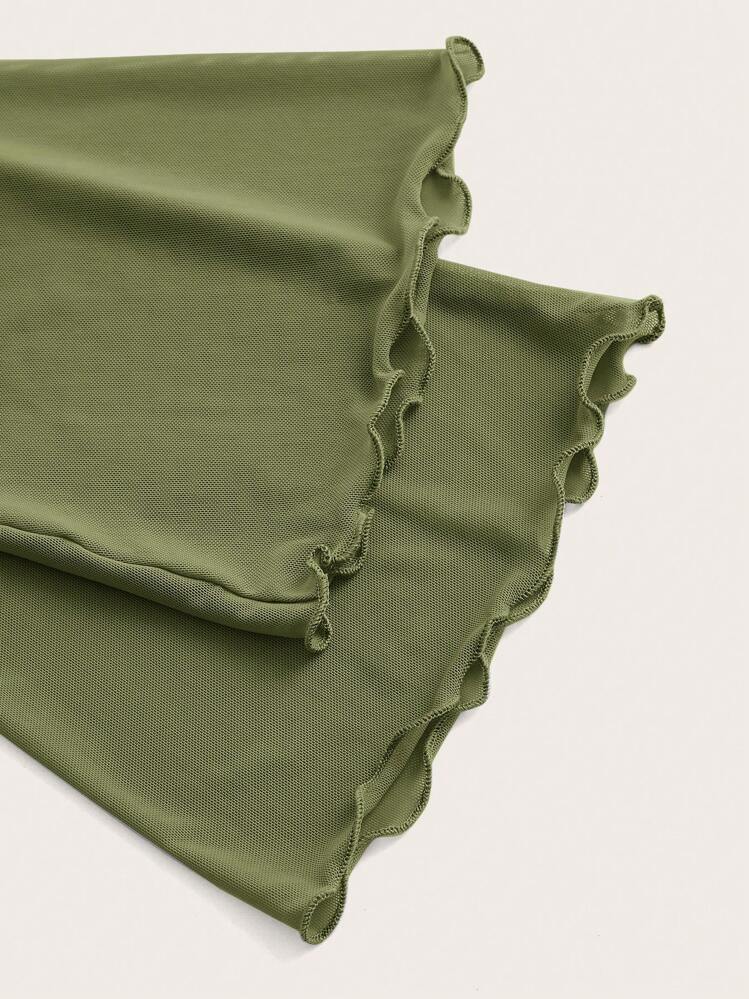 SHEIN ICON Solid Color Bell Sleeve Halterneck Mesh Top - Army Green - View 4