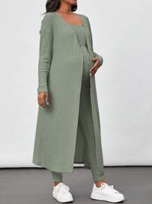 SHEIN Maternity Ribbed Knit Tube Jumpsuit And Open Front Coat Two Piece Set - Green - View 5