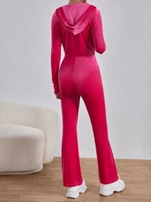SHEIN EZwear Women'S Velvet Tight-Fitting Hooded Jumpsuit - Hot Pink - View 2